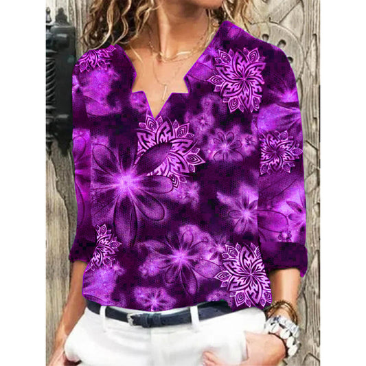 Fall Women's V-neck Casual Fashion Printed Long Sleeve T-Shirt Top