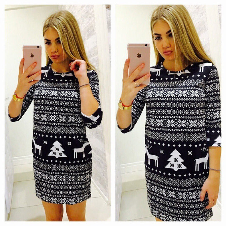 New Christmas Women Long Sleeve Crew Neck Print Dress