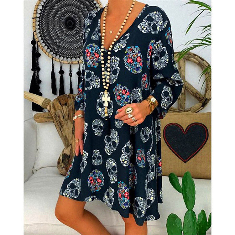 Large size women's loose fashion retro print deep V-neck dress