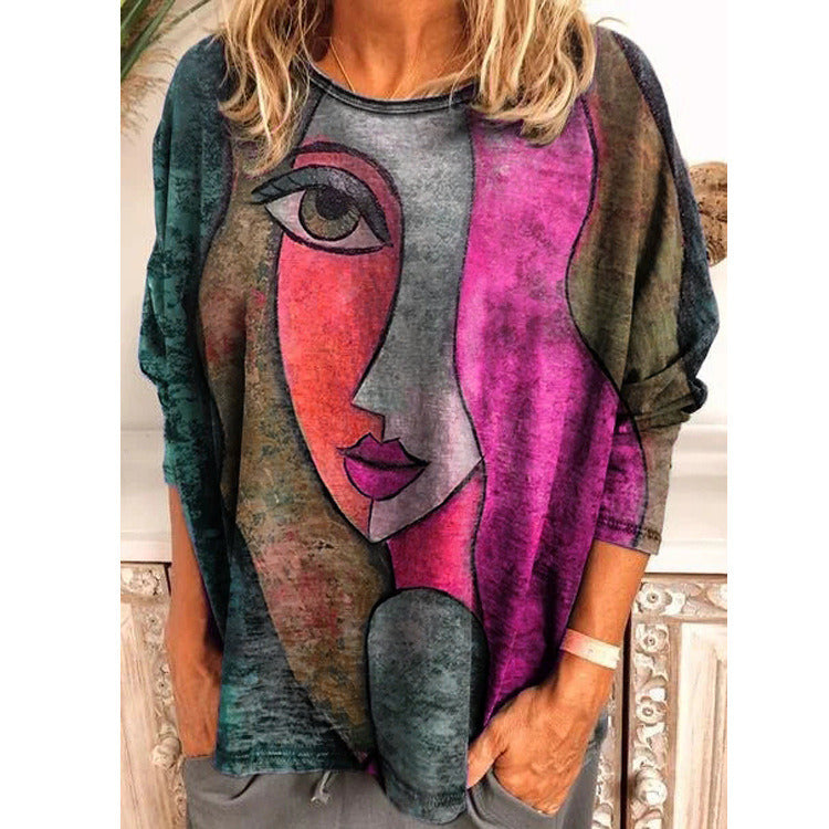 autumn and winter new plus size women's face print long-sleeved loose T-shirt tops