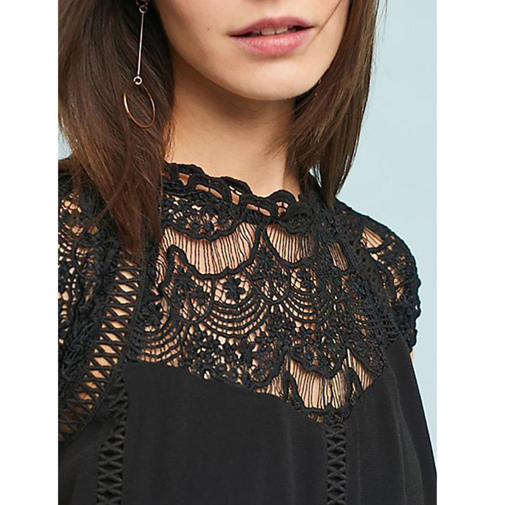 European and American women's new sexy straight lace sleeves hollow collar stitching chiffon shirt