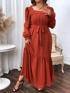 Plus Size Shirred Square Neck Lantern Sleeve Smock Maxi Dress; Women's Plus Solid Elegant Long Dress