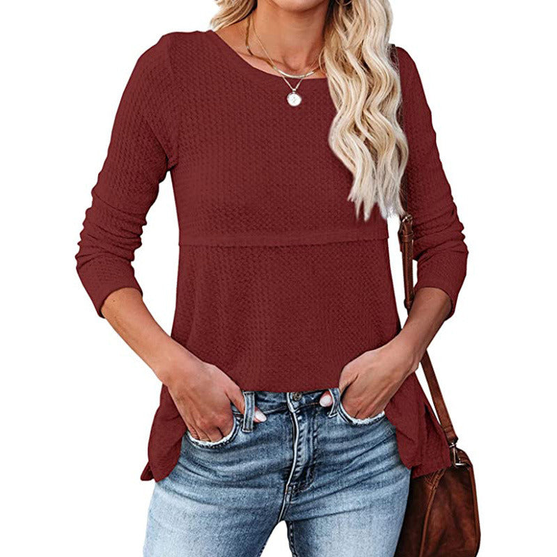 Autumn and Winter New Women's Waffle Fashion Back Hollow Round Neck Long Sleeve Loose Top