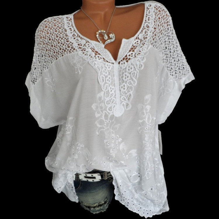 Summer Short Sleeve Womens Blouses And Tops Loose White Lace Patchwork Shirt Plus Size 4xl 5xl Women Tops Casual Clothes