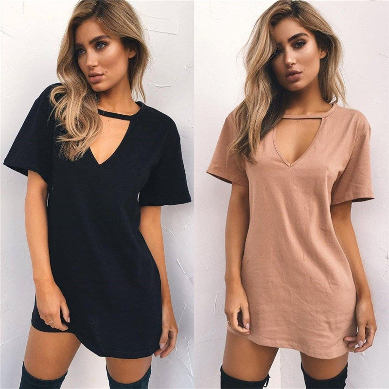 European and American fashion women's sexy deep V-neck short-sleeved loose casual dress