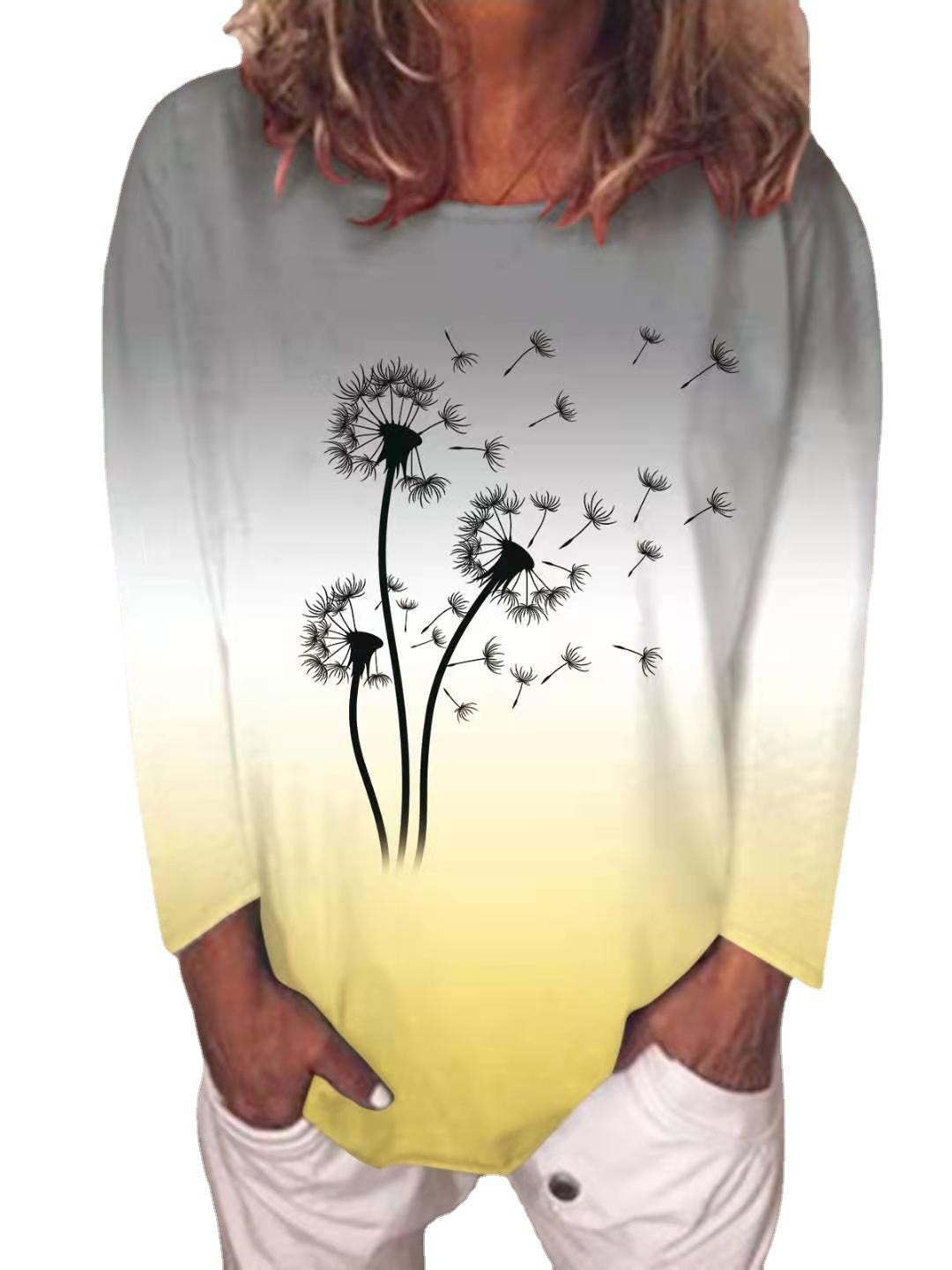 Autumn Women's New Product Tops, Novel Dandelion Pattern Gradient Printed Long Sleeve Top