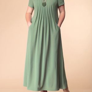 Plus Size Basic Dress; Women's Plus Plain Short Sleeve Pleated Round Neck Maxi Dress With Pockets