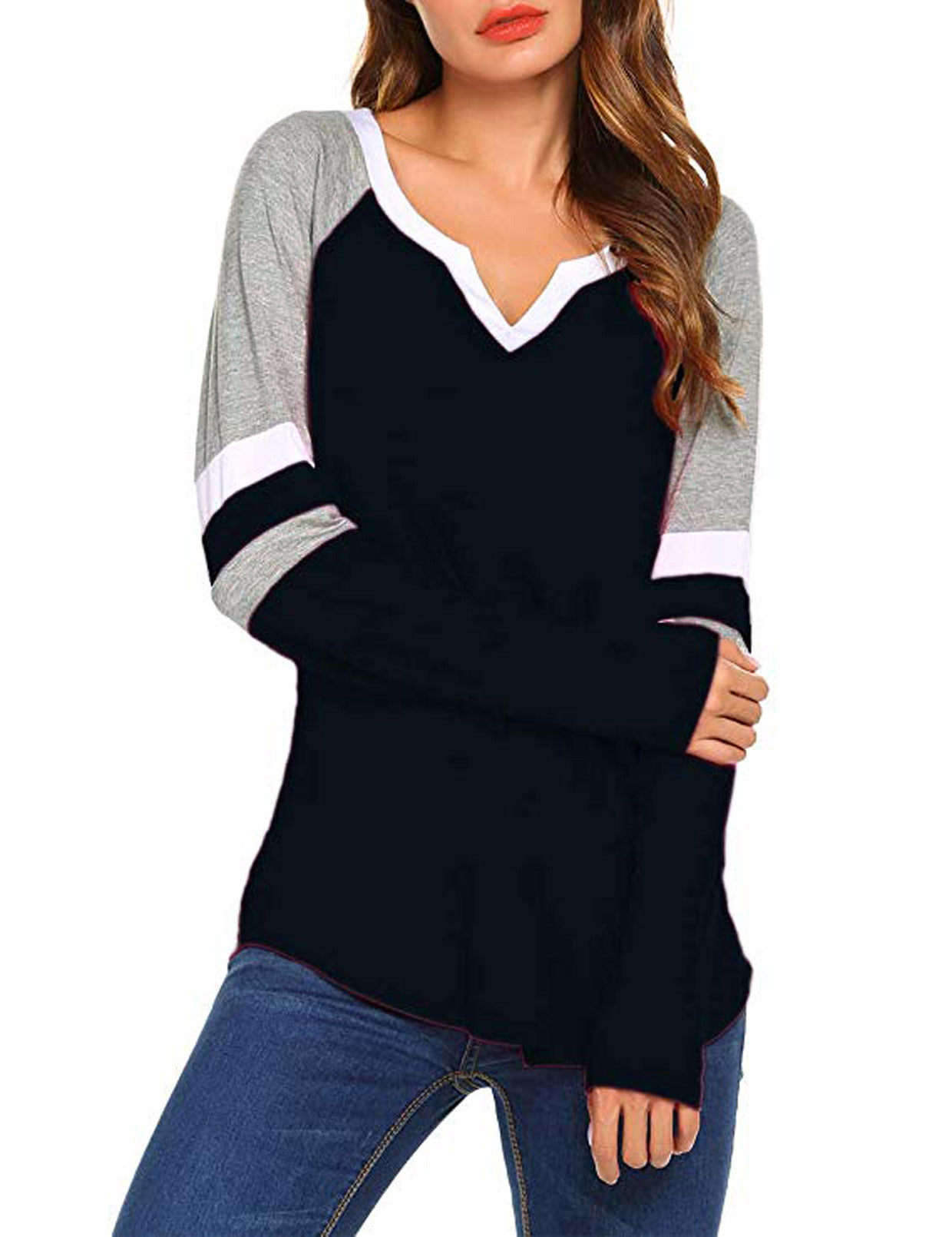 New Europe and America autumn and winter new stripe stitching solid color V-neck long sleeve