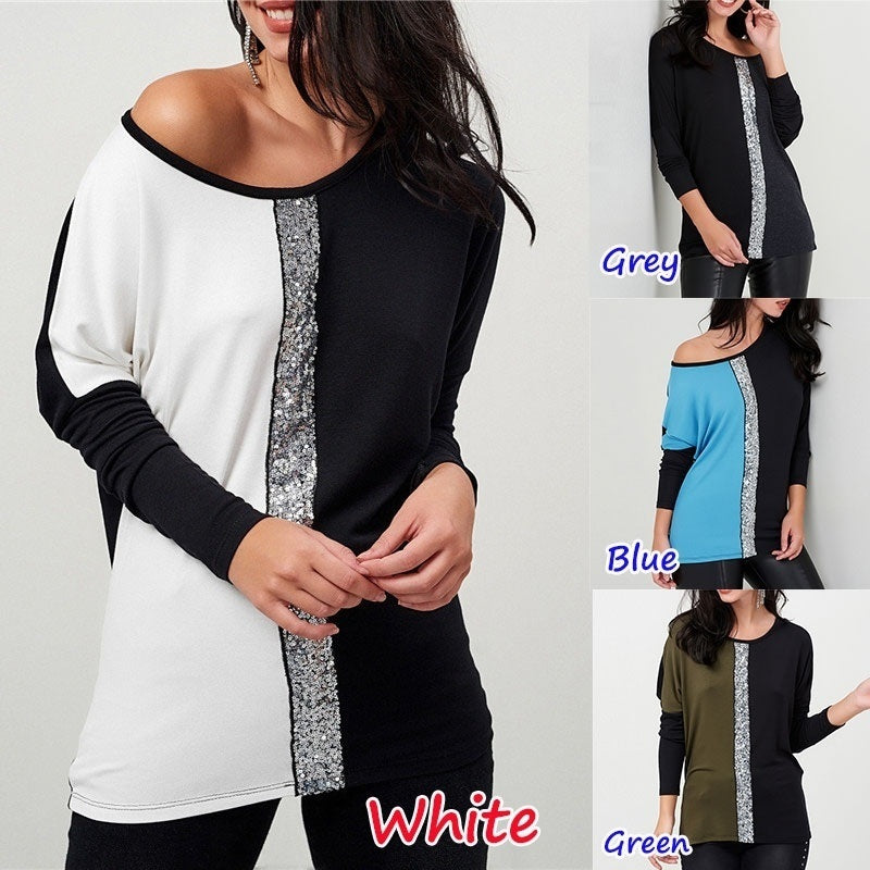 Women Long Sleeve Fashion Sequins Patchwork T Shirt Female Tshirt Autumn Casual Loose Tops Tee Shirt Femme Plus Size