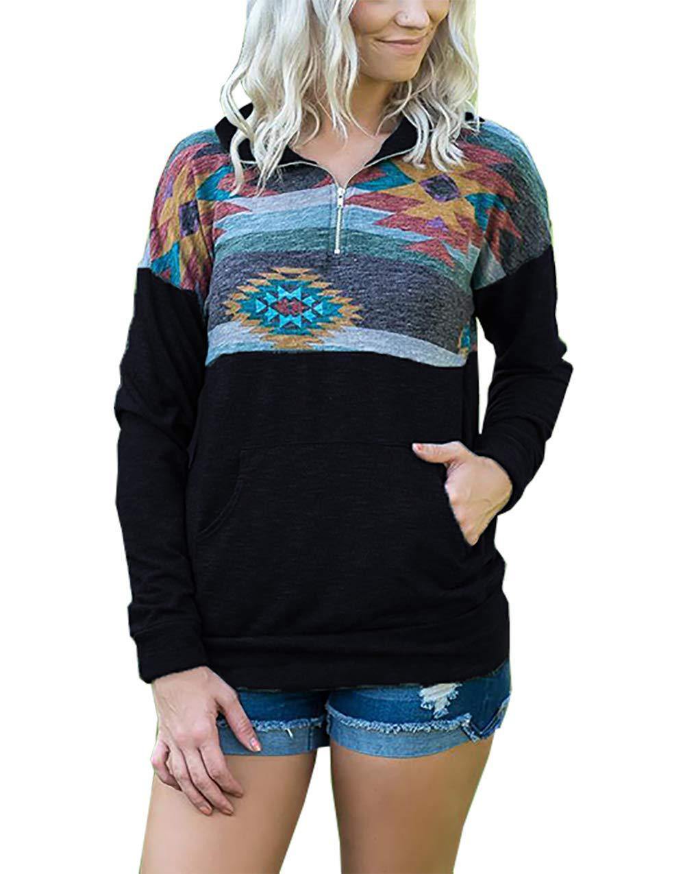 Women's Long Sleeve 1/4 Zip Floral Pullover Kangroo Pocket Tops Sweatshirt