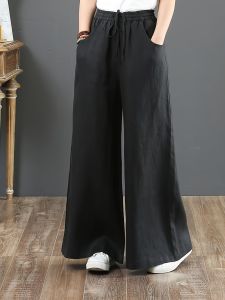 Solid Color Literary Cotton Linen Wide Leg Pants; Women's Trousers