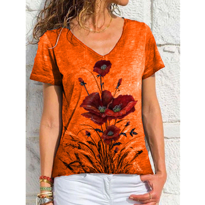 Women's New T-shirt V-neck Printed Short Sleeve Casual Top