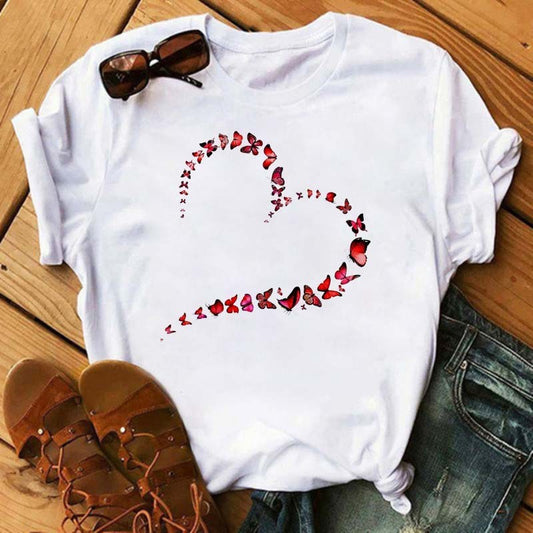 Watercolor Butterfly Heart Printed T Shirt New Women Black T Shirt Harajuku Cute Graphic Tee Shirt Ladies Casual Female Tops Tee