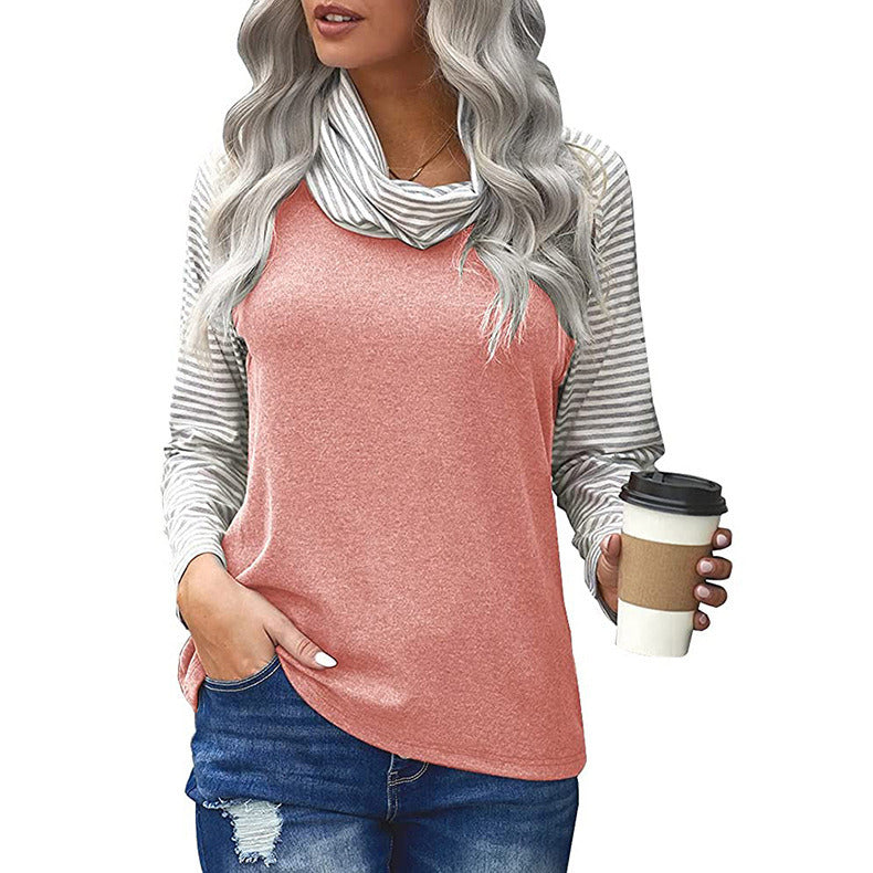 Autumn and winter new women's tops striped high-neck color matching women's long-sleeved T-shirt tops