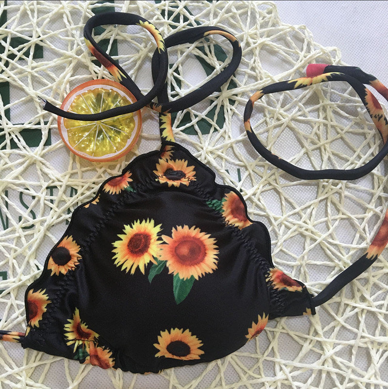 Sunflower Print Bikini New Swimwear Women's Fluffy Swimwear Strap Bikini