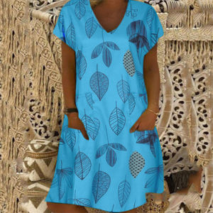 Summer women's new short-sleeved V-neck casual leaf print dress