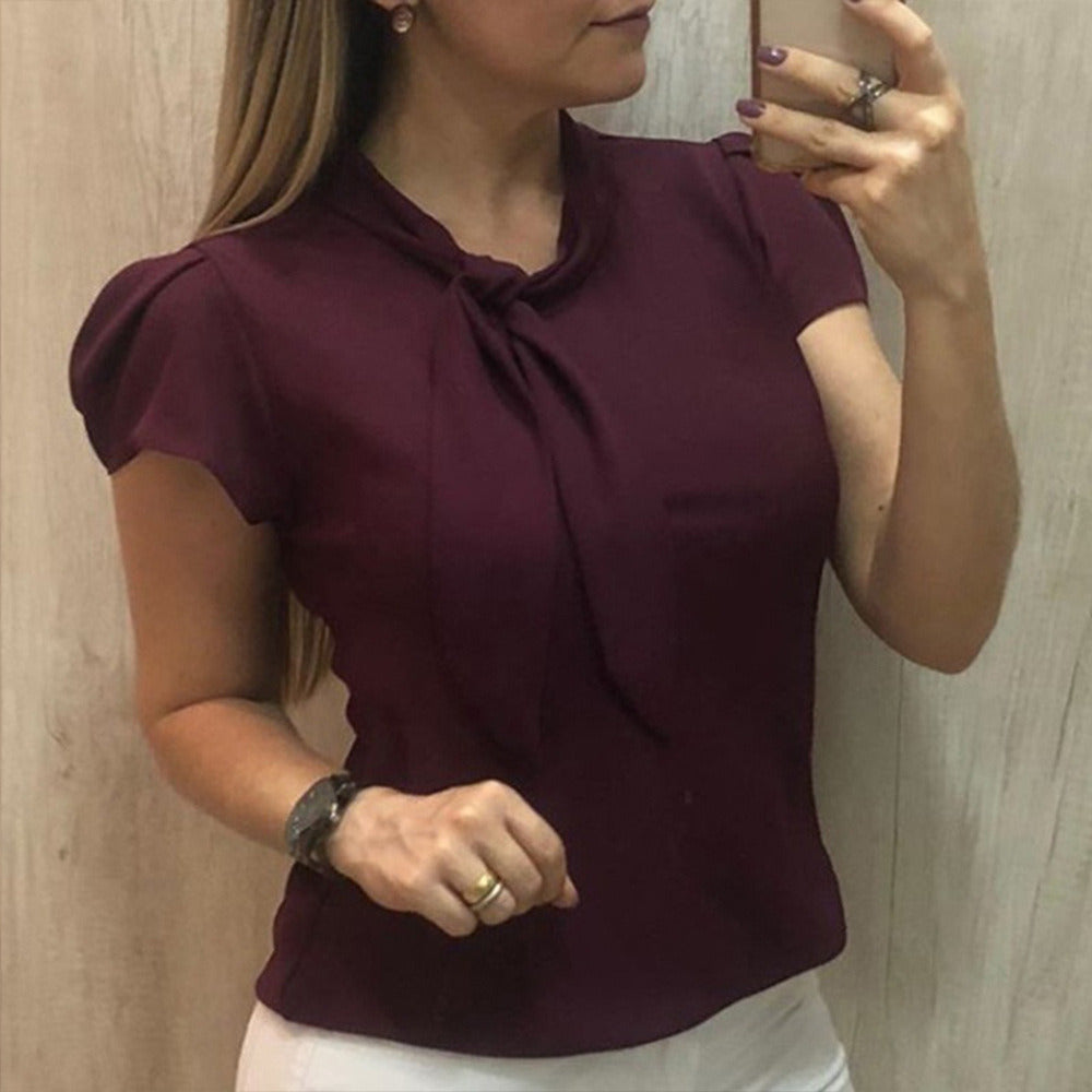 Spring and Summer New Women's Casual Tie Round Neck Short-sleeved Chiffon Shirt Top