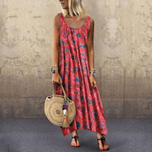 Summer Women's Casual Vacation Print Sexy Round Neck Sleeveless Dress Long Dress