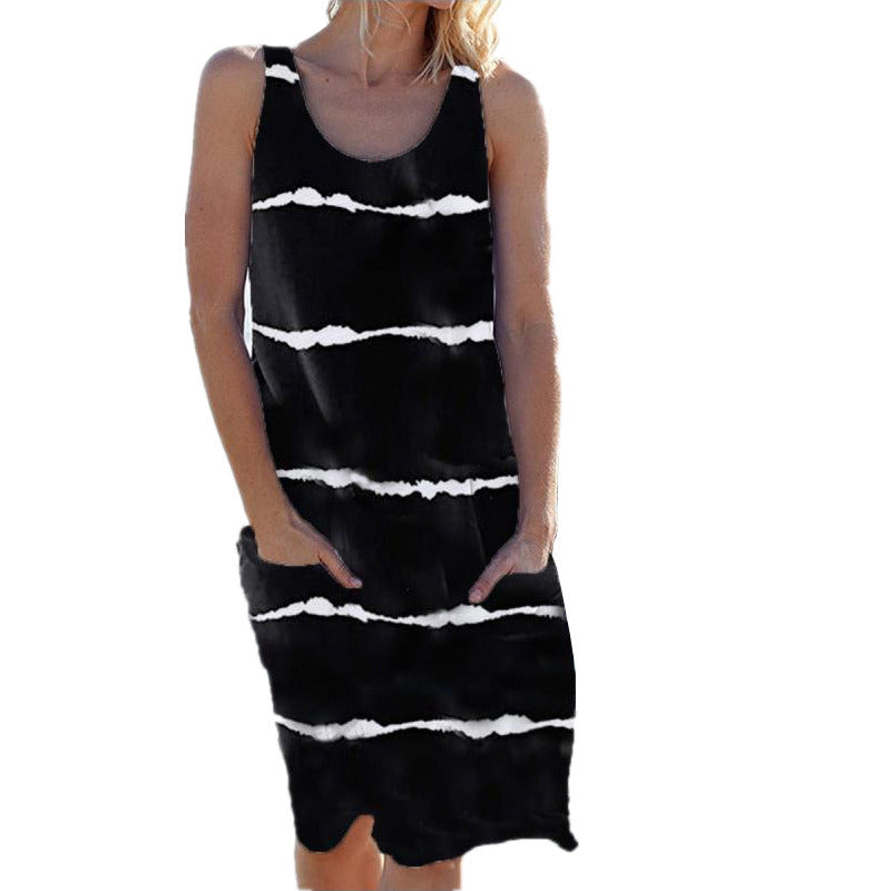 Summer Women's Crew Neck Printed Striped Pocket Vest Dress