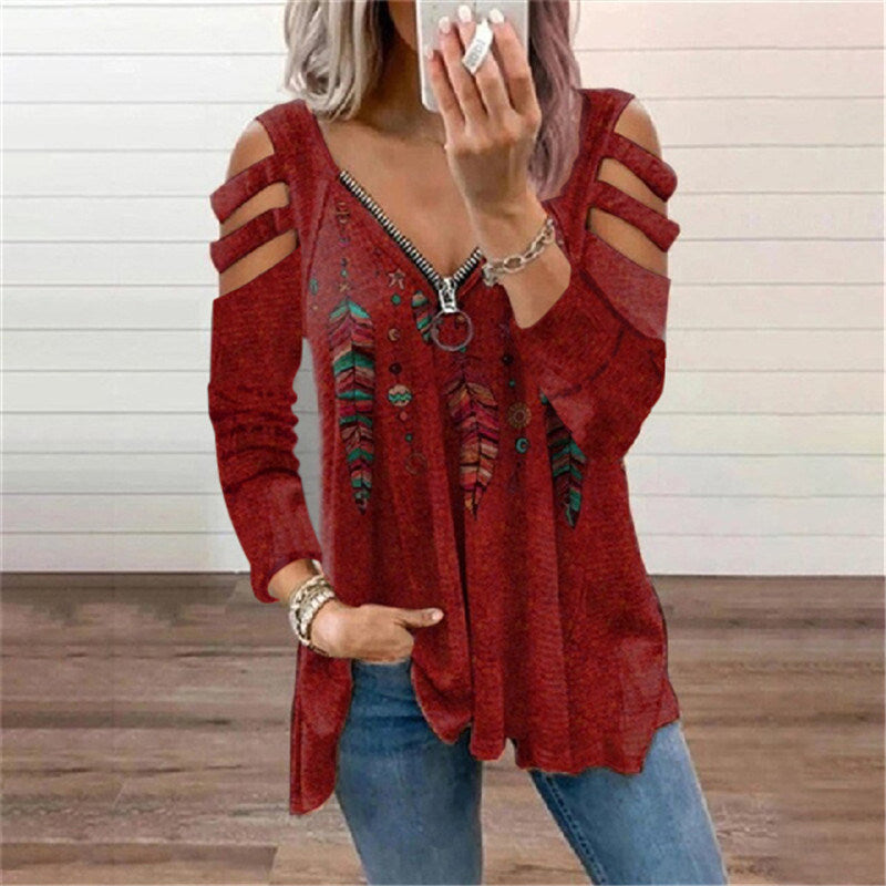 Fall/winter Women's Clothing Zipper Pull Print Long-sleeved Loose T-shirt Women's Top