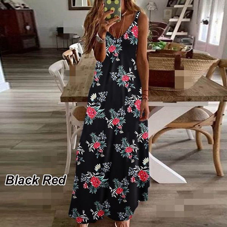 New summer women's dress print holiday dress suspenders long skirt Indian style swing skirt