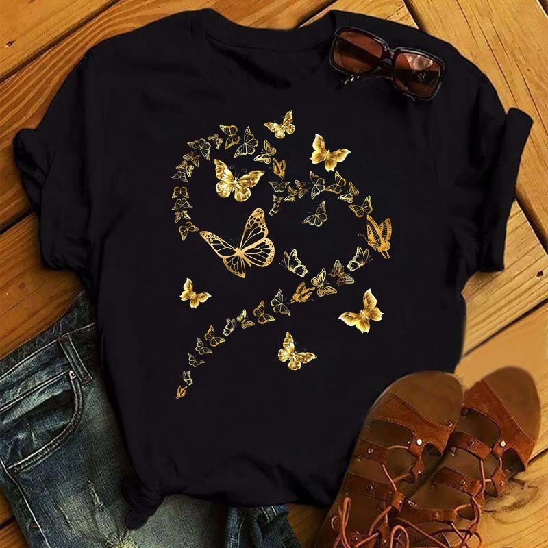 Watercolor Butterfly Heart Printed T Shirt New Women Black T-Shirt Harajuku Cute Graphic Tee Shirt Ladies Casual Female Tops Tee