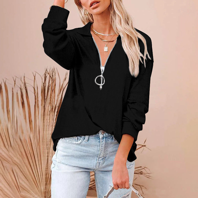 Women Zipper Blouses T-shirt Sexy Solid V-Neck Spring Elegant Pullover Autumn Lady Clothes Fashion Loose Shirts Tops