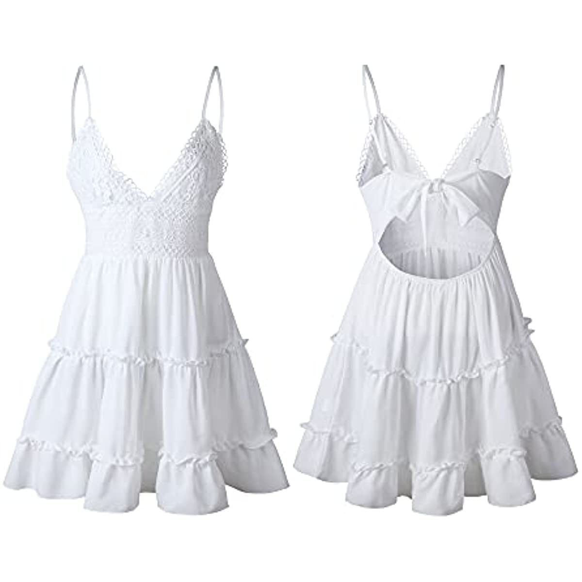 Womens V-Neck Spaghetti Strap Bowknot Backless Sleeveless Lace Mini Swing Skater Dress