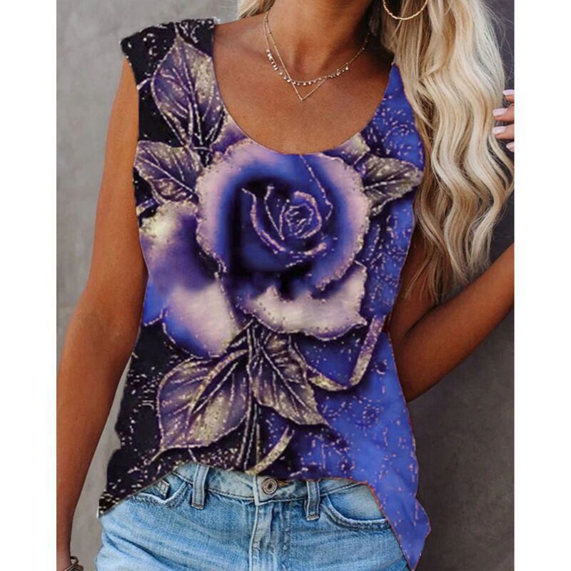 Women's Rose Flower Printed Women's Loose Vest Sleeveless Top