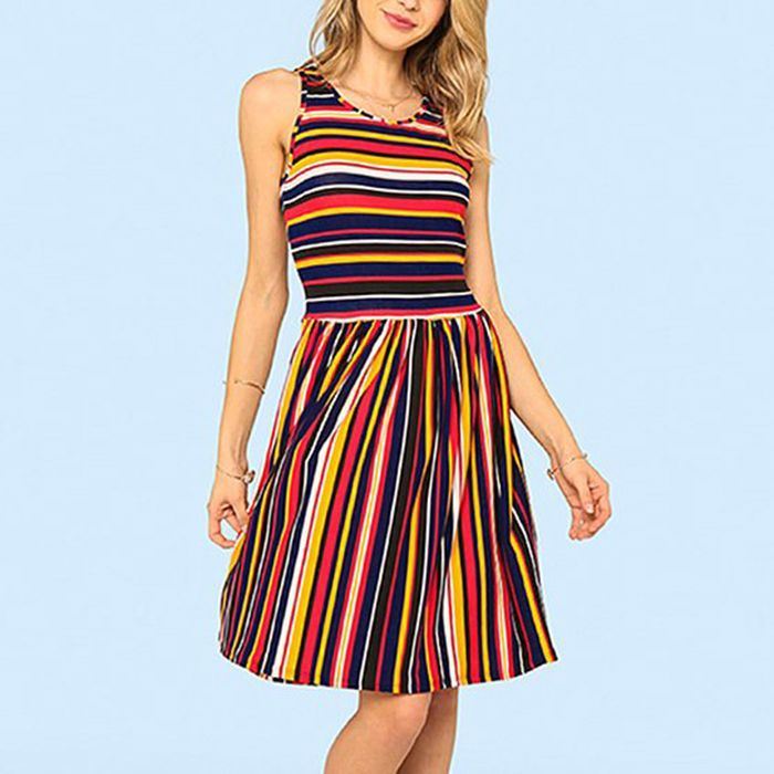 European and American Striped Print Dress Round Neck Sleeveless Dress