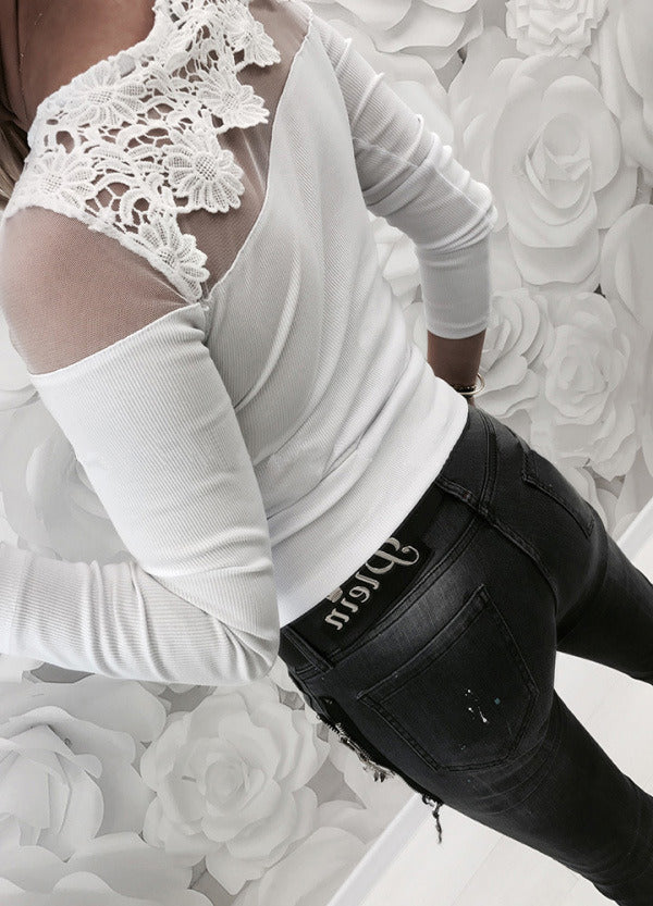 spring and summer new women's sexy perspective lace solid color Slim shirt