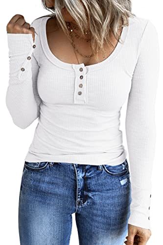 Women's Long Sleeve Shirts Casual Fall Henley Top Button Down Blouses Basic Ribbed Knit T Shirts