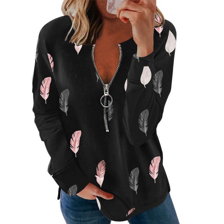 autumn and winter new style V-neck zipper feather printing long-sleeved loose T-shirt women