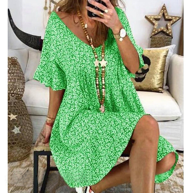 summer new women's wide V-neck loose trumpet sleeve print dress