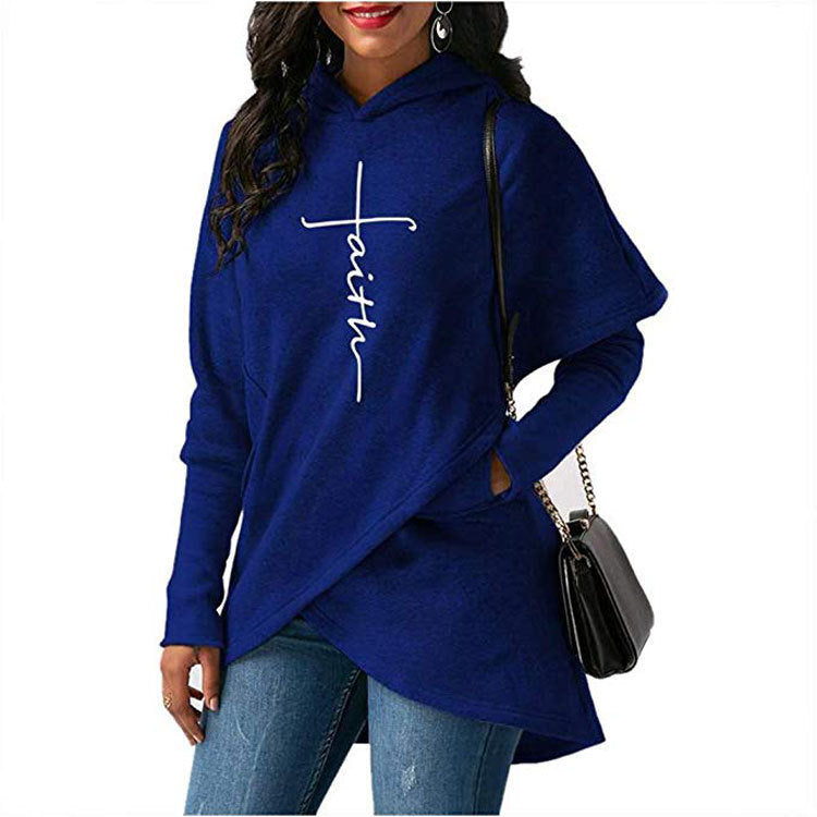 Europe and the United States new faith printing long-sleeved women's shirt autumn irregular hooded sweater women