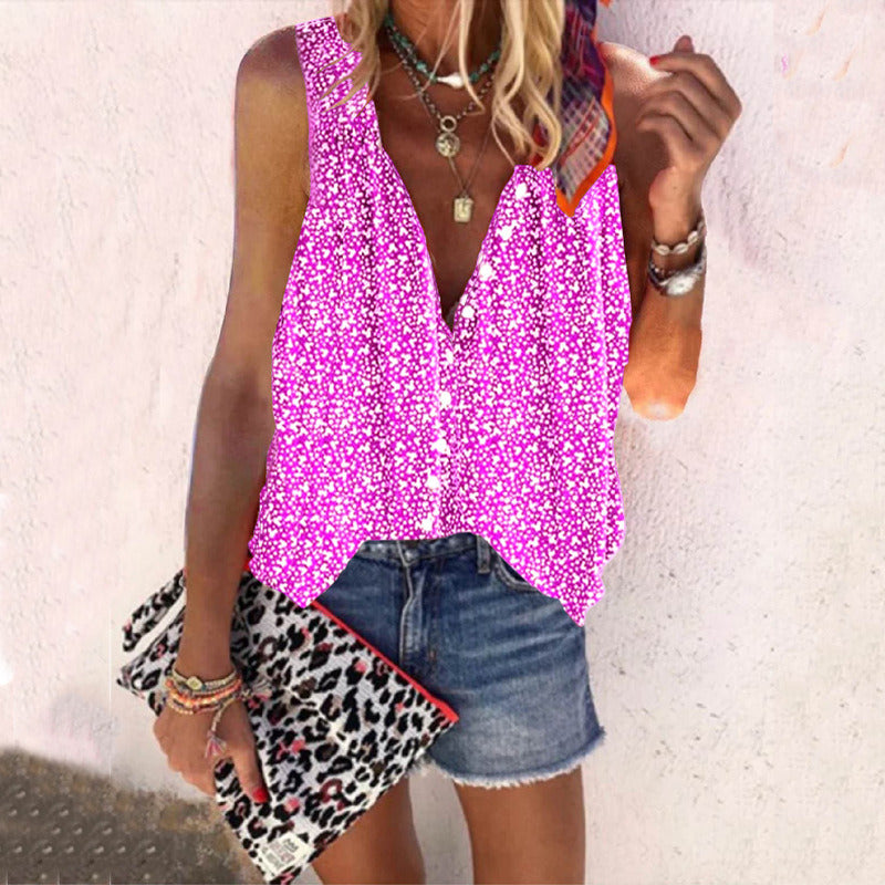 Summer Women's One-breasted Casual Loose Printed Sleeveless Shirt