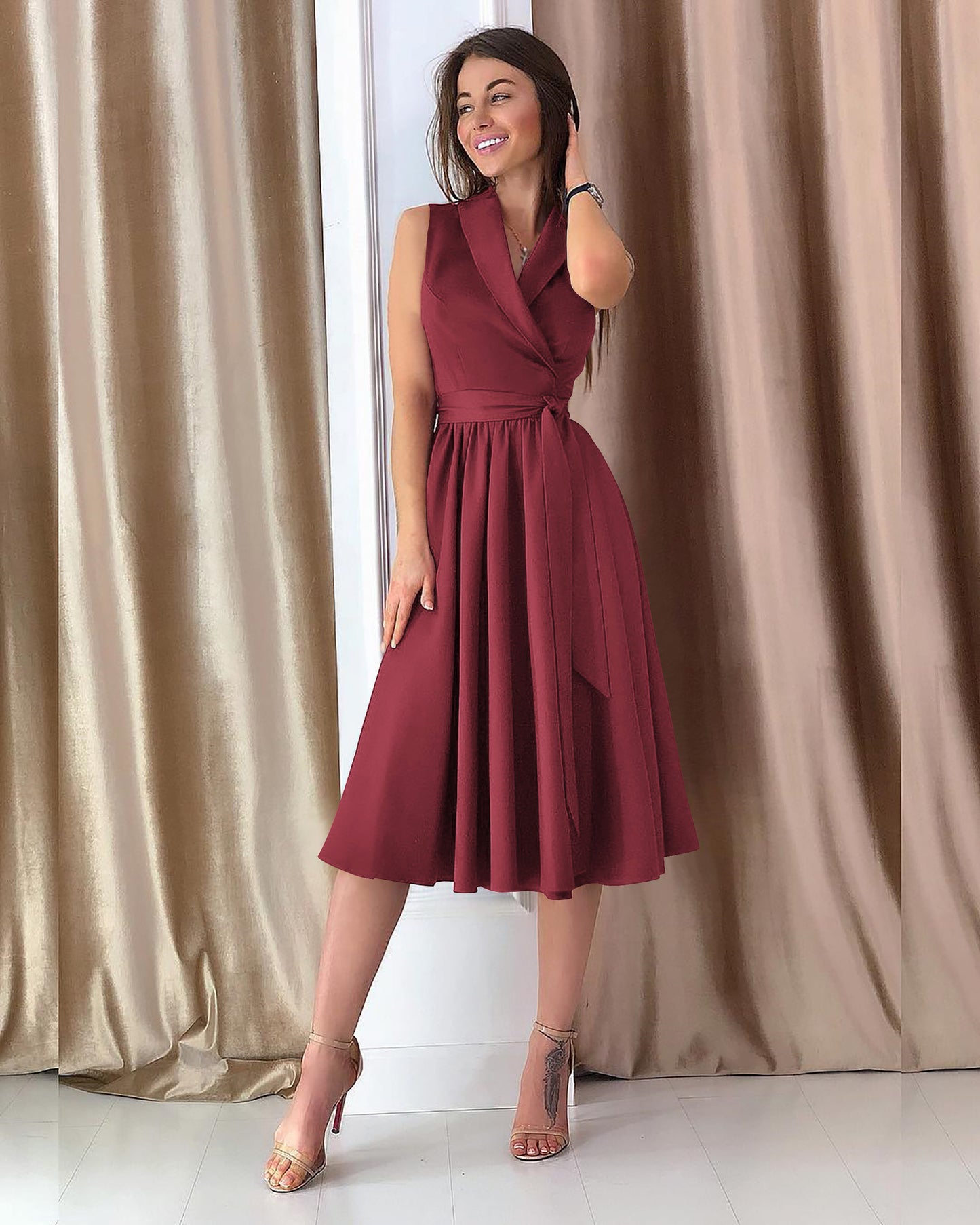 Women's new dress deep V-neck waist sleeveless cardigan big swing dress