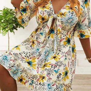 Plus Size Sexy Dress; Women's Plus Floral Print Lettuce Trim Bow Knot Front Half Sleeve Dress