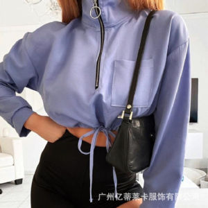 autumn and winter new women's casual stand-up collar shirt solid color zipper long-sleeved pullover sweater