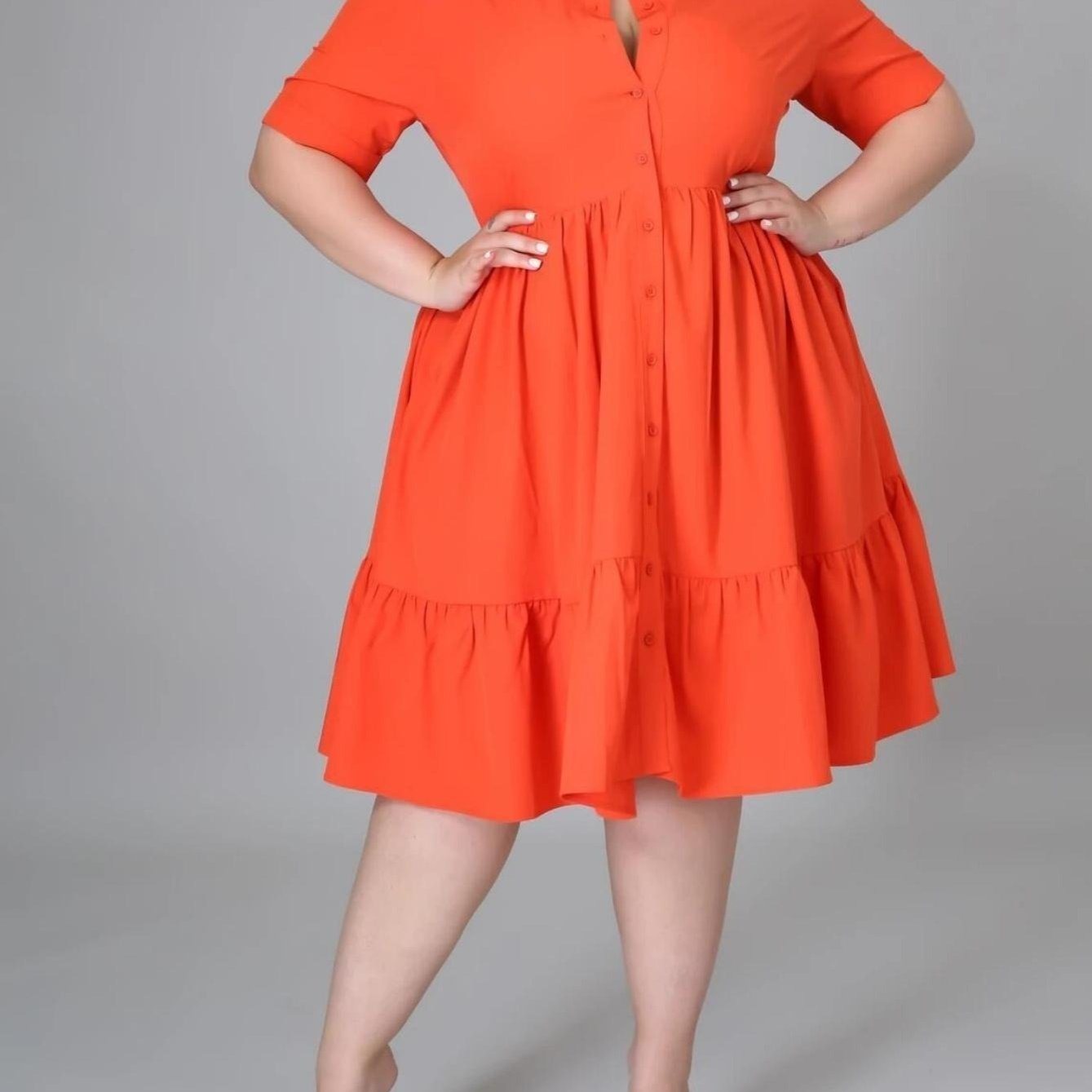 Plus Solid Color Casual Knee Length Ruffle Dress; Elegant Turn Down Collar Spring Fall Dress