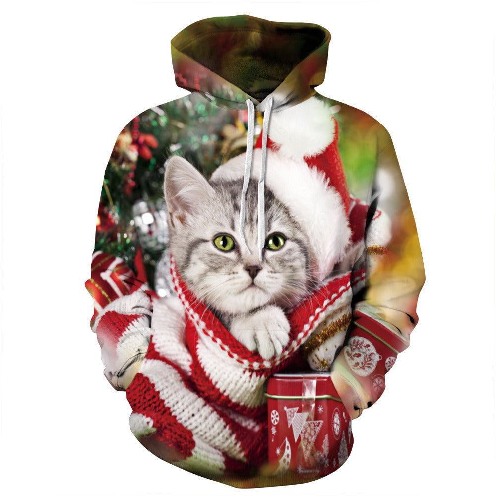 Europe and the United States new women's Christmas sweater Christmas cat Elk dog digital print hooded sweater