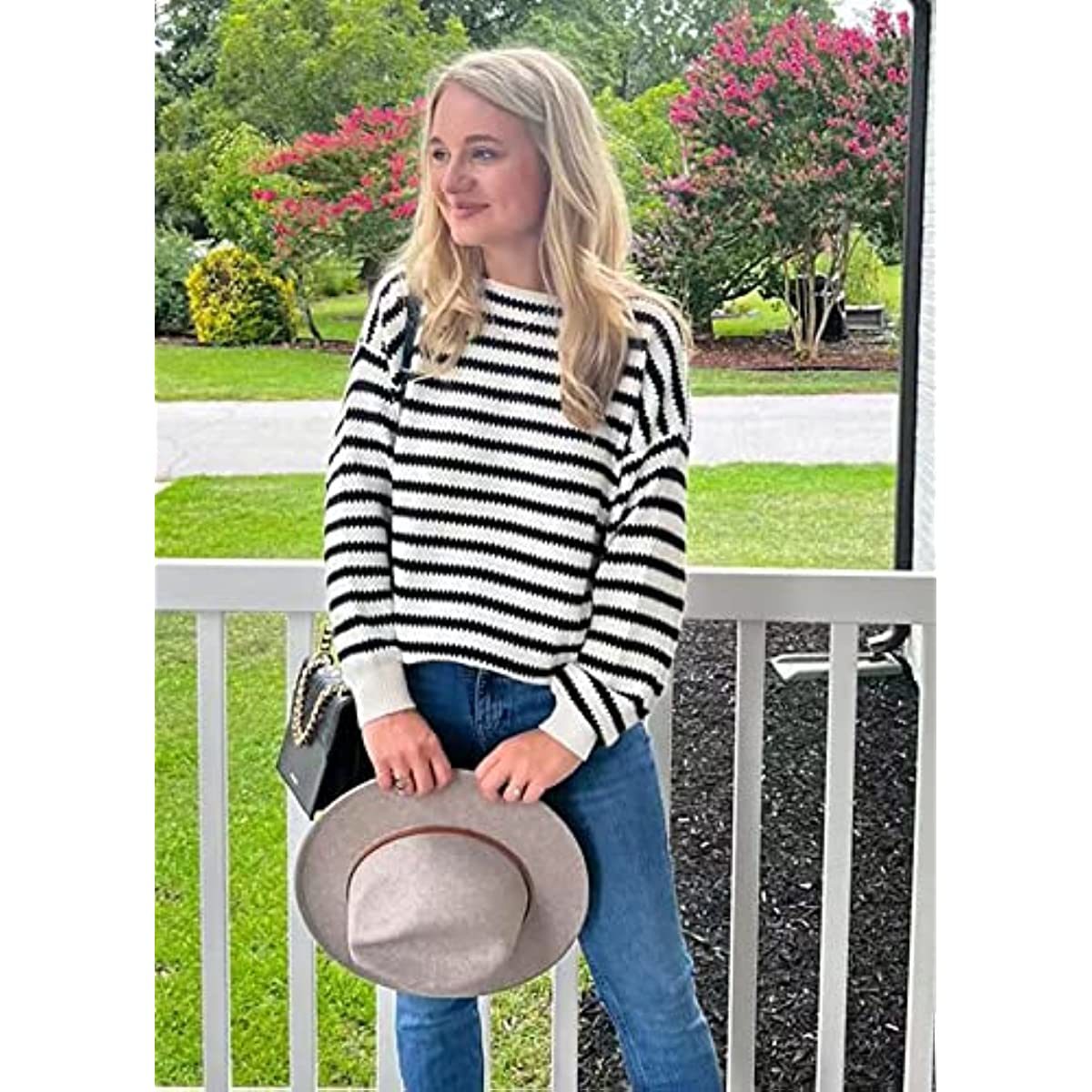 2023 Fall Winter Women's Oversized Long Sleeve Striped Sweater Casual Crewneck Side Split Pullover Knit Tops