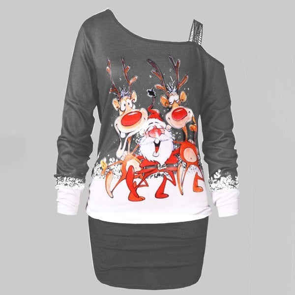 Women's Fashion Plus Size Lace Off Shoulder Christmas Santa Claus Elk Print Casual Tunic Long Tops Christmas Sweatshirts