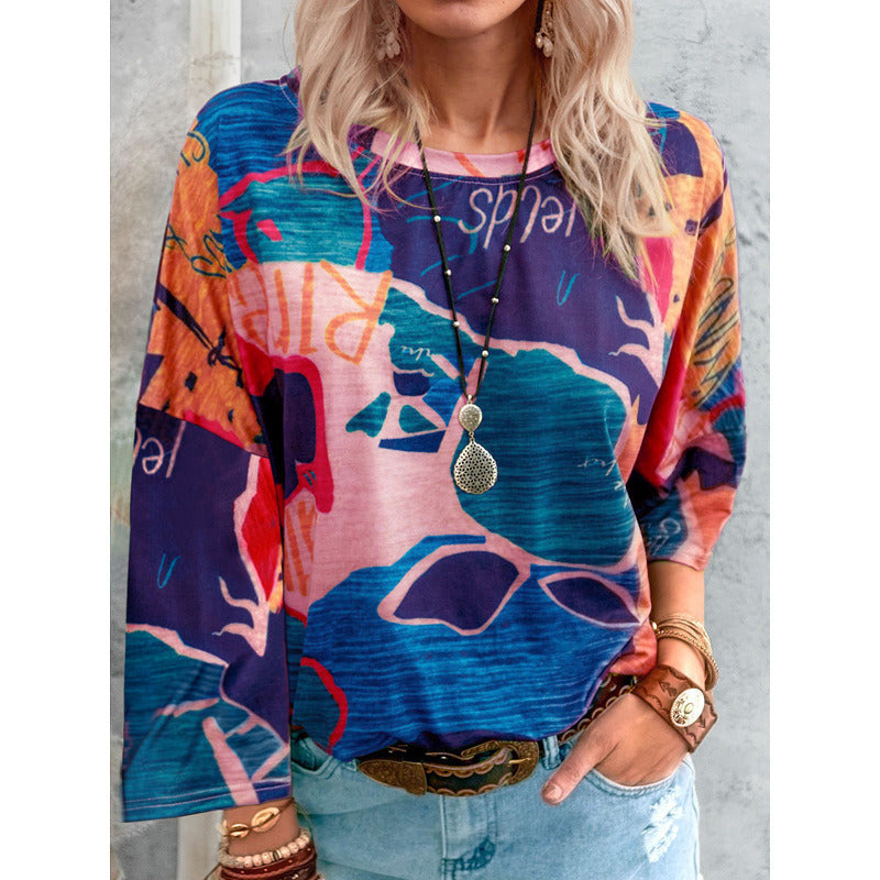 Autumn Long Sleeve T Shirt Women O-Neck Map Graffiti Printing Cotton T-Shirts Ladies Plus Size Tops Casual Loose Tees