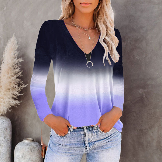 Autumn T-Shirts Fashion Ladies V-Neck Gradient Loose T-Shirt Casual Long Sleeve Tees Women Clothing Sexy Tops