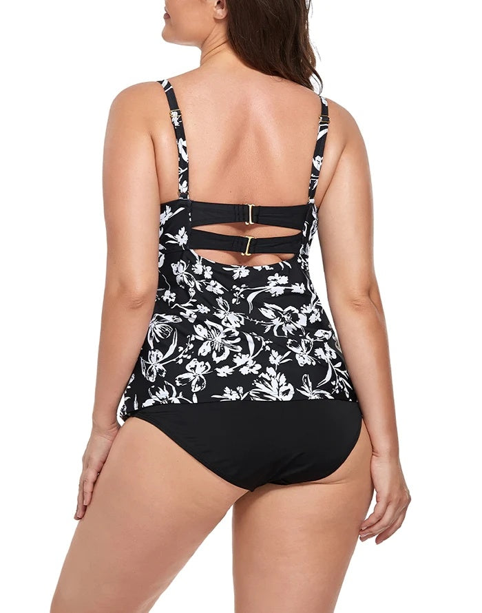 Black White Floral Faux Flyaway Underwire Tankini Top