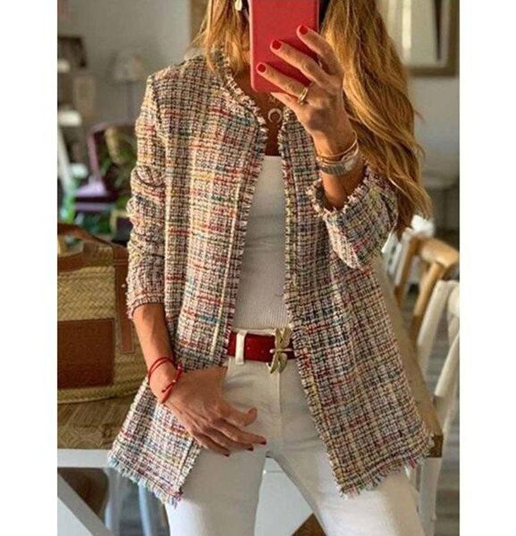 New Women's Autumn and Winter Rainbow Tweed Small Wind Fragrant Mid-length Woolen Plaid Sweater Jacket