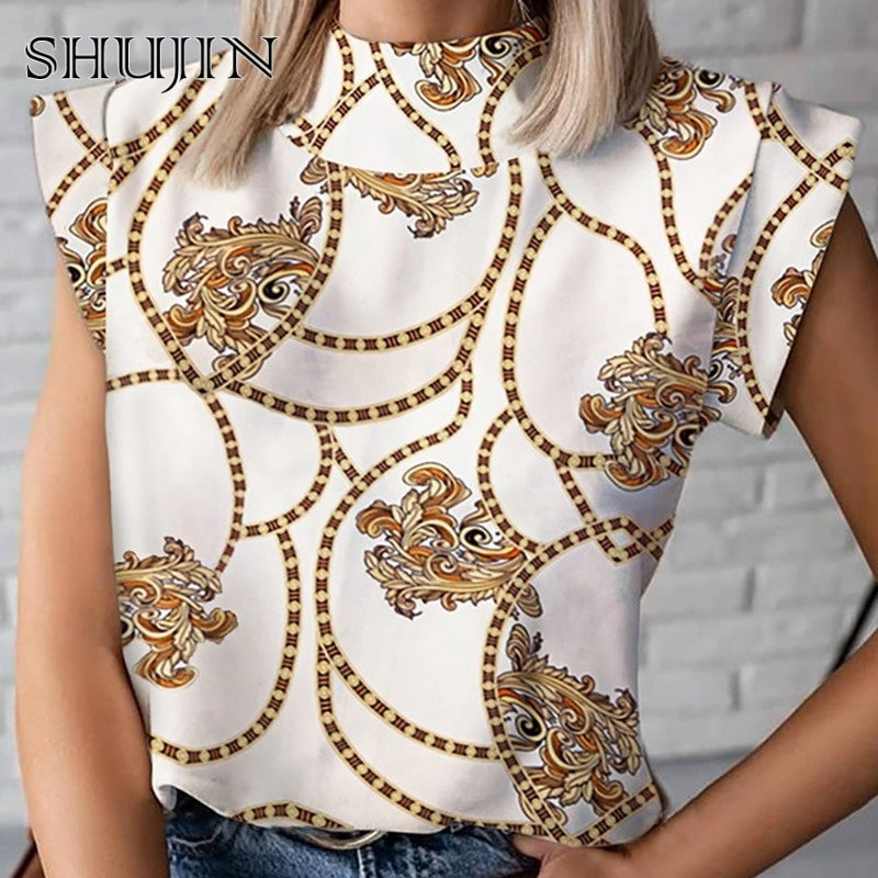 SHUJIN 2021 Fashion Women Elegant Lips Print Tops Blouse Shirts Summer Ladies Office Casual Stand Neck Pullovers Eye Blusa Tops