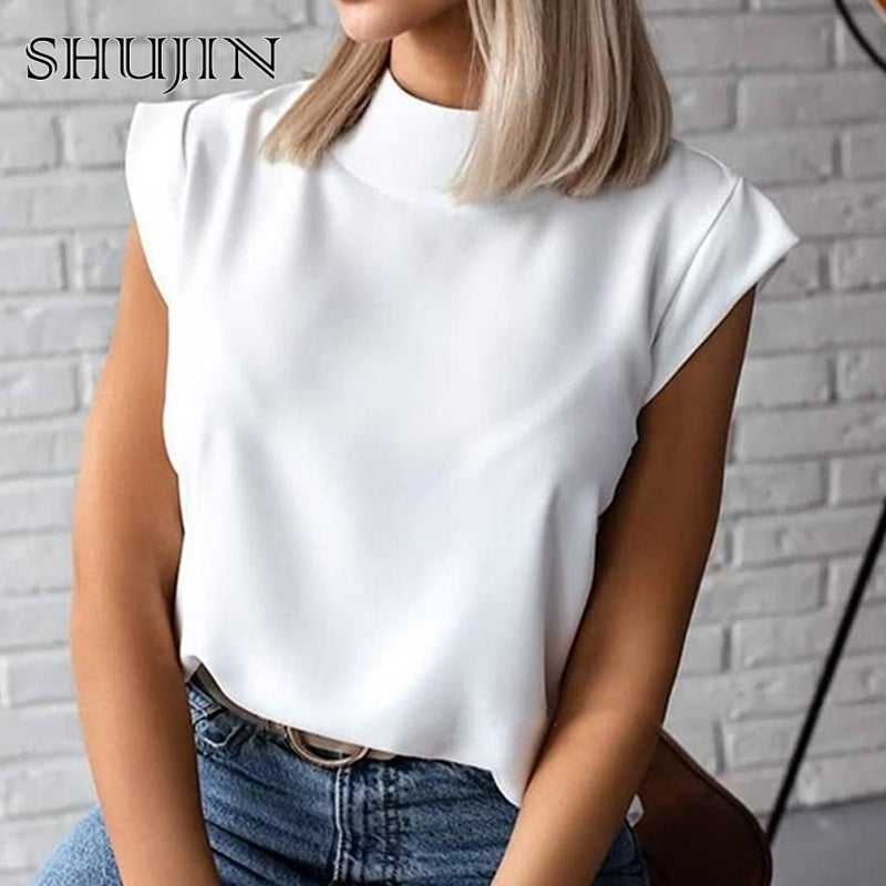 SHUJIN 2021 Fashion Women Elegant Lips Print Tops Blouse Shirts Summer Ladies Office Casual Stand Neck Pullovers Eye Blusa Tops