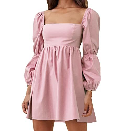 Womens Square Neck Dress Long Puff Sleeve A-Line Casual Short Mini Dress